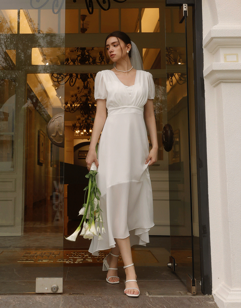 V Neck Sheer Puff Sleeve Padded Maxi Dress with Draped Asymmetrical Hemline
