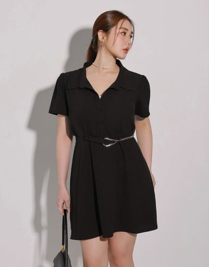 Button Up Short Sleeve Collared Shirt Dress with Gold Chain Detail