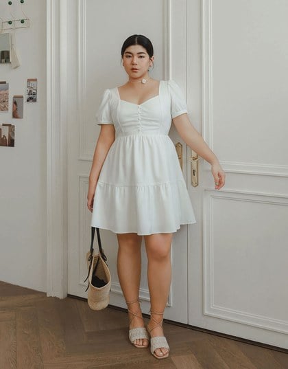 Sweetheart Neckline Puff Sleeve Tiered Mini Dress with Button Detail