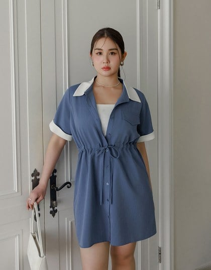 Contrast Collar Button Front Shirt Mini Dress with Drawstring Waist