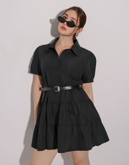 Button Down Puff Sleeve Flare Hem Tiered Mini Shirt Dress
