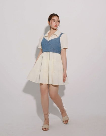 Button Down Puff Sleeve Flare Hem Tiered Mini Shirt Dress