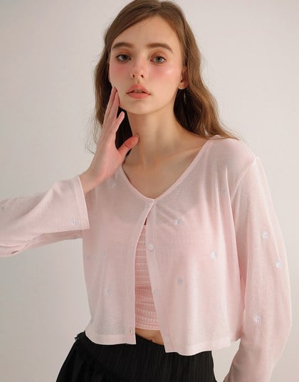 Daisy Embroidery Semi Sheer Button Front Knit Cardigan