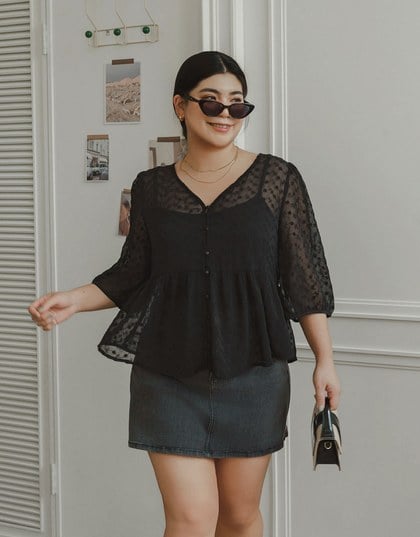 V Neck Sheer Embroidered Peplum Blouse and Basic Camisole Top Set Wear