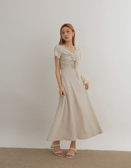 DRESS + TOP SET Checkered Ruched Front Blouse and Spaghetti Strap Midi Dress Set Wear