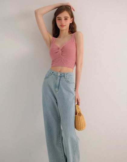 Twist Front Knit Crop Tank Top with Heart Pattern Hem Detail