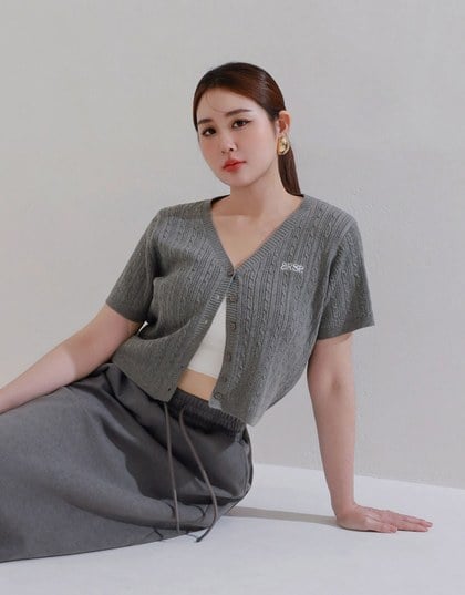 Cable Knit Cropped Cardigan Top with AIR SPACE Logo Embroidered