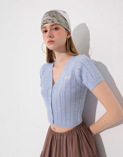 Cable Knit Cropped Cardigan Top with AIR SPACE Logo Embroidered