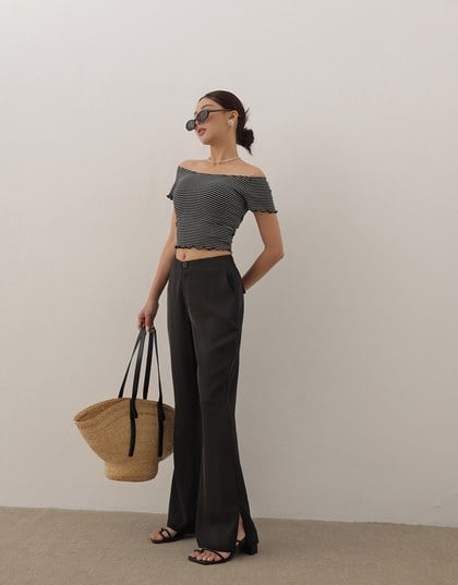 Striped Off Shoulder Lettuce Hem Padded Crop Top