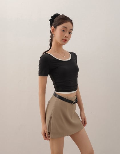 Basic Essential 2 Way Stretch Crop Tee with Side Ruching Detail