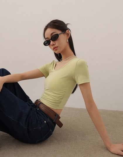 Basic Essential 2 Way Stretch Crop Tee with Side Ruching Detail