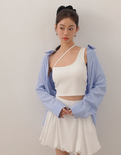 Asymmetrical Neckline One Shoulder Ribbed Knit Padded Crop Top