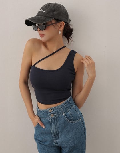 Asymmetrical Neckline One Shoulder Ribbed Knit Padded Crop Top