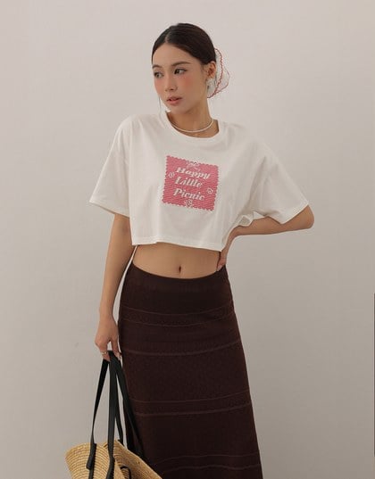 Cropped Cotton Short Sleeve Top with Gingham Embroidery Patch Design