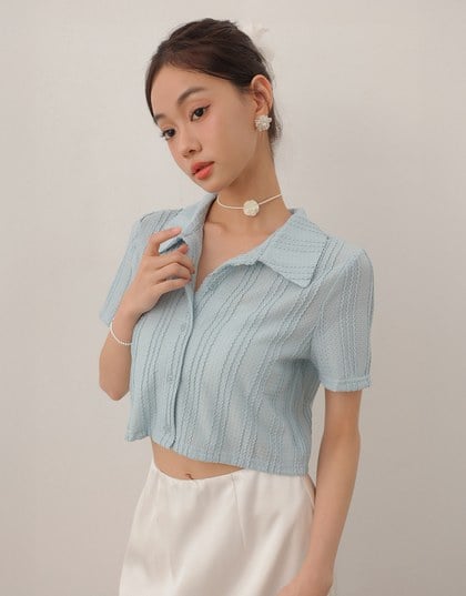 Striped Knit Collared Crop Shirt