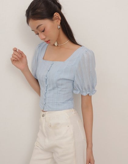 Textured Stripe Puff Sleeve Cropped Top with Decorative Buttons