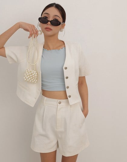 Tailored V Neck Button Front Short Sleeve Cropped Blazer Top