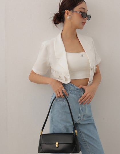 Textured Tweed Double Pocket Cropped Blazer
