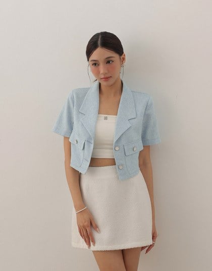 Textured Tweed Double Pocket Cropped Blazer