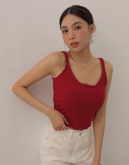 Lace Trimmed Ribbed Spaghetti Strap Padded Tank Top