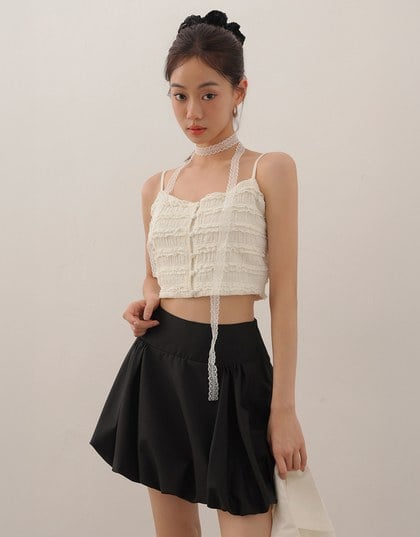 Layered Ruffle Lace Trim Button Up Cropped Cami Top