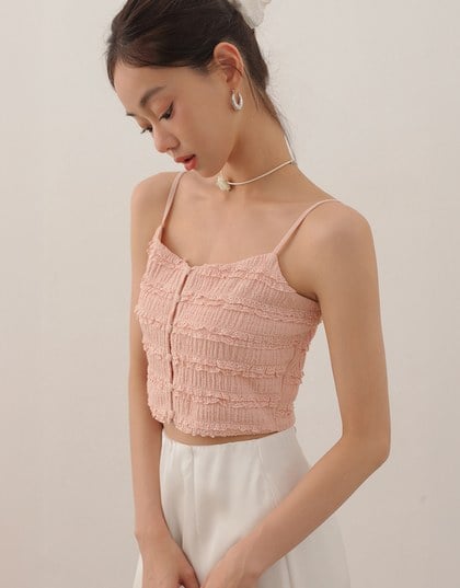 Layered Ruffle Lace Trim Button Up Cropped Cami Top