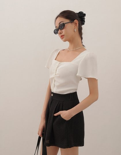 Crinkle Texture Square Neck Top with Adjustable Back Tie Detail