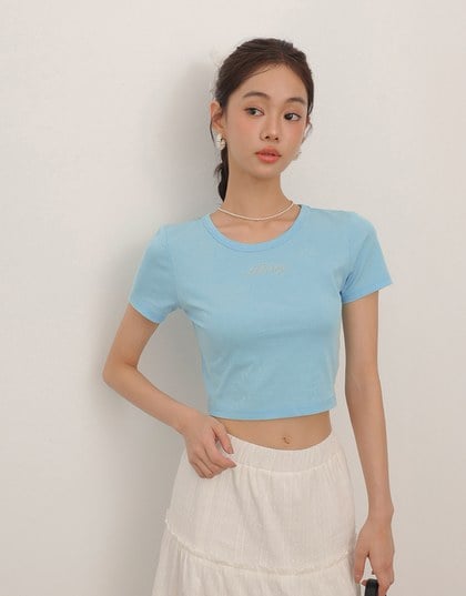 Rhinestone Lettering Embellished Slim Fit Cropped Tee