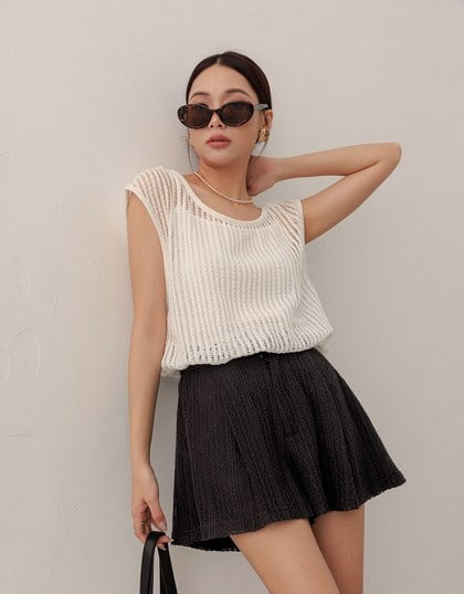 Faux 2 Piece Sleeveless Layered Mesh Top with Soft Knit Texture