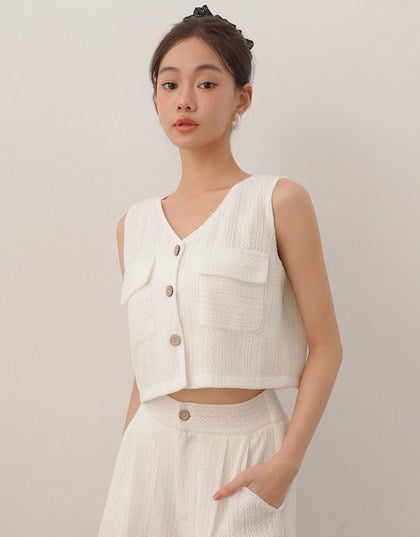Lace Crochet Inspired Knit Vest Top with Pocket Accents