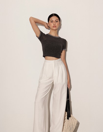 Contrast Trim Semi Sheer Knit Cropped Short Sleeve Tee
