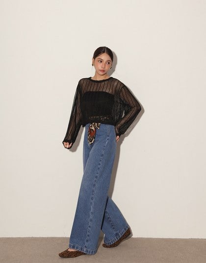 Relaxed Fit Sheer Crochet Openwork Knit Pullover Sweater