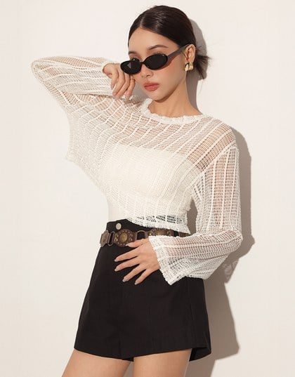 Relaxed Fit Sheer Crochet Openwork Knit Pullover Sweater