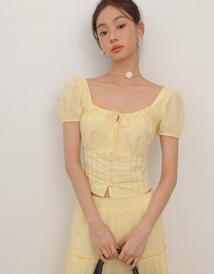 Square Neck Puff Sleeve Button Up Corset Top