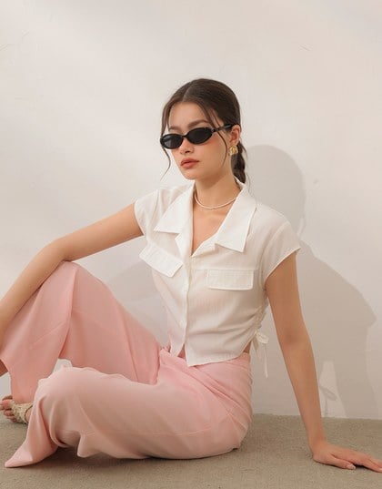 Collared Short Sleeve Blouse with Side Tie Ruched Details