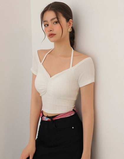 Off-Shoulder Halter Ribbed Knit Padded Cropped Top with Ruched Bust Detail