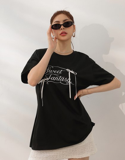 Ribbon Bow Embroidered Oversized Letter Tee