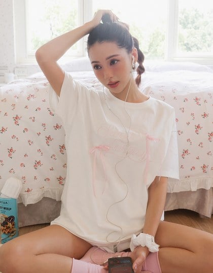 Ribbon Bow Embroidered Oversized Letter Tee