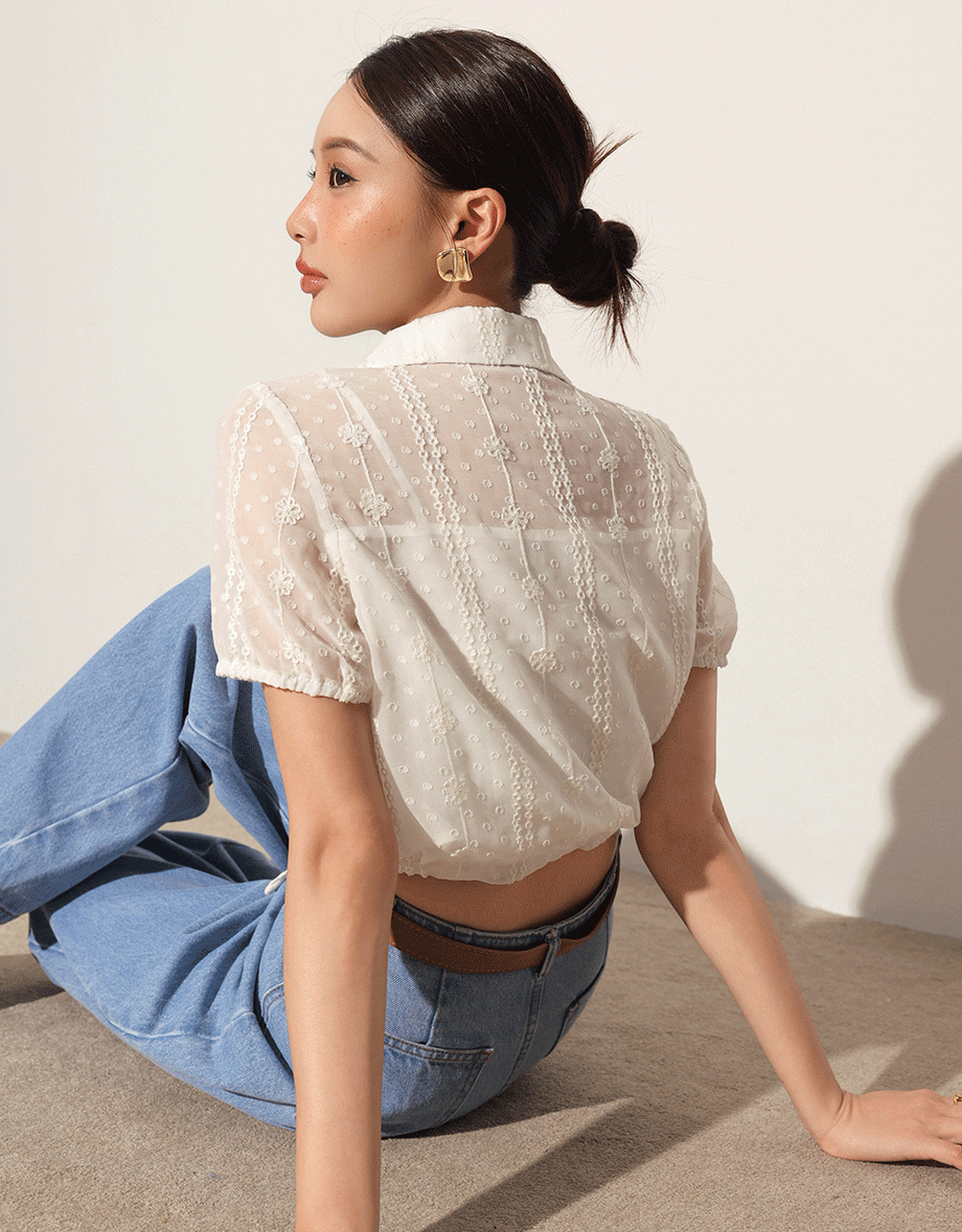 Dot Pattern Floral Lace Embroidered Puff Sleeve Cropped Shirt with Drawstring Hem