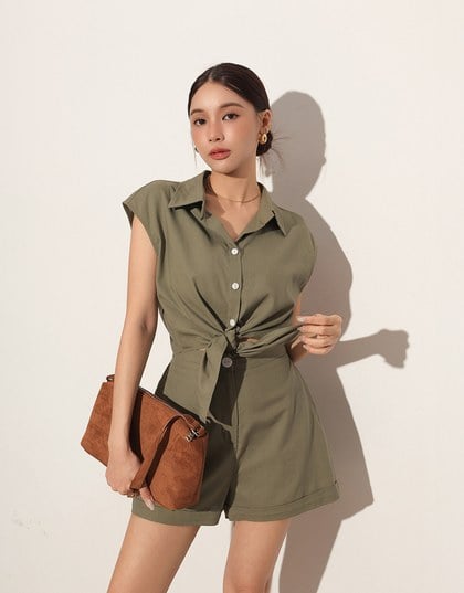 Button Down Collared Front Tie Sleeveless Cropped Shirt Top