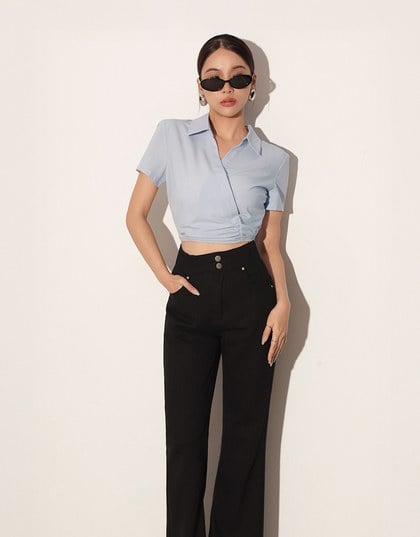 Side Ruched Wrap Crop Shirt with Collar Detail