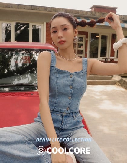 Cooling Jeans Denim Cropped Button Up Top with Stretch Back Detail