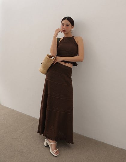 Argyle Textured Knit Flare Maxi Skirt