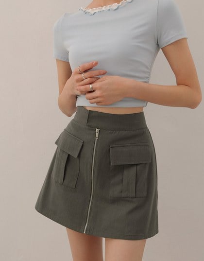 Front Zip Up A LineMini Skirt with Cargo Inspired Flap Pockets