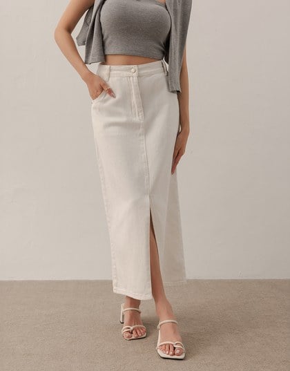 High Waist Jeans Denim Maxi Skirt with Front Slit Detail