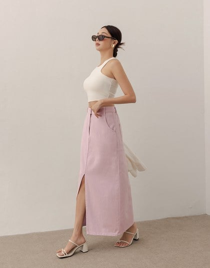 High Waist Jeans Denim Maxi Skirt with Front Slit Detail