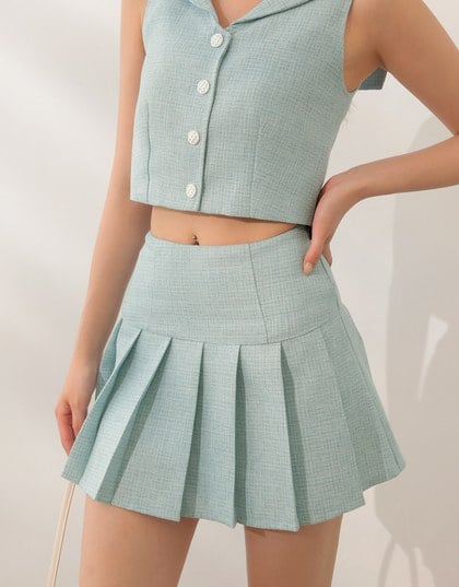 High Waist A Line Tailored Pleated Mini Skirt