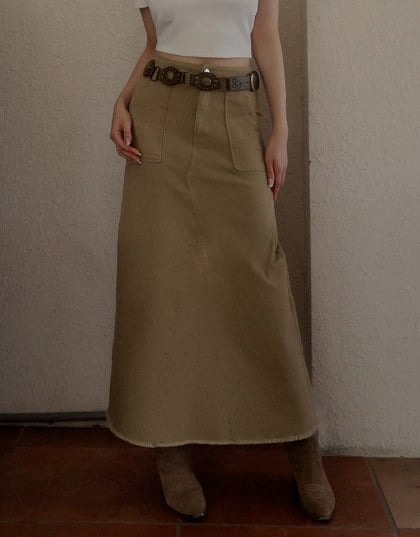 Raw Hem High Waist Front Pocket A Line Cargo Maxi Skirt