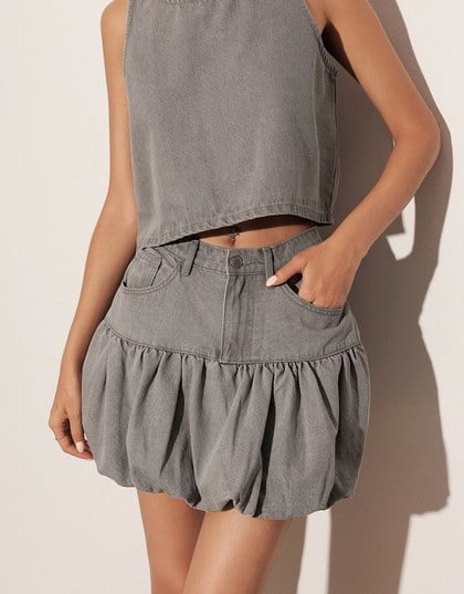 Washed Jeans Denim Gathered Bubble Mini Skirt