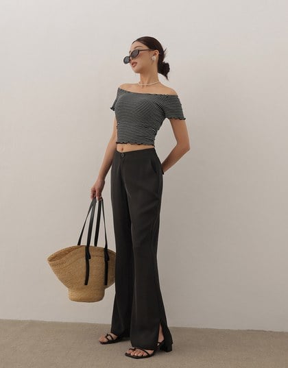 Minimal High Waist Flare Pants with Front Side Slit Detail